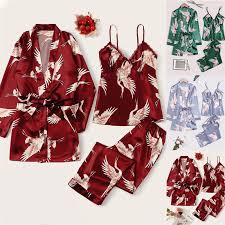 Printed 3 Piece Satin Silk Pajama Set for Women