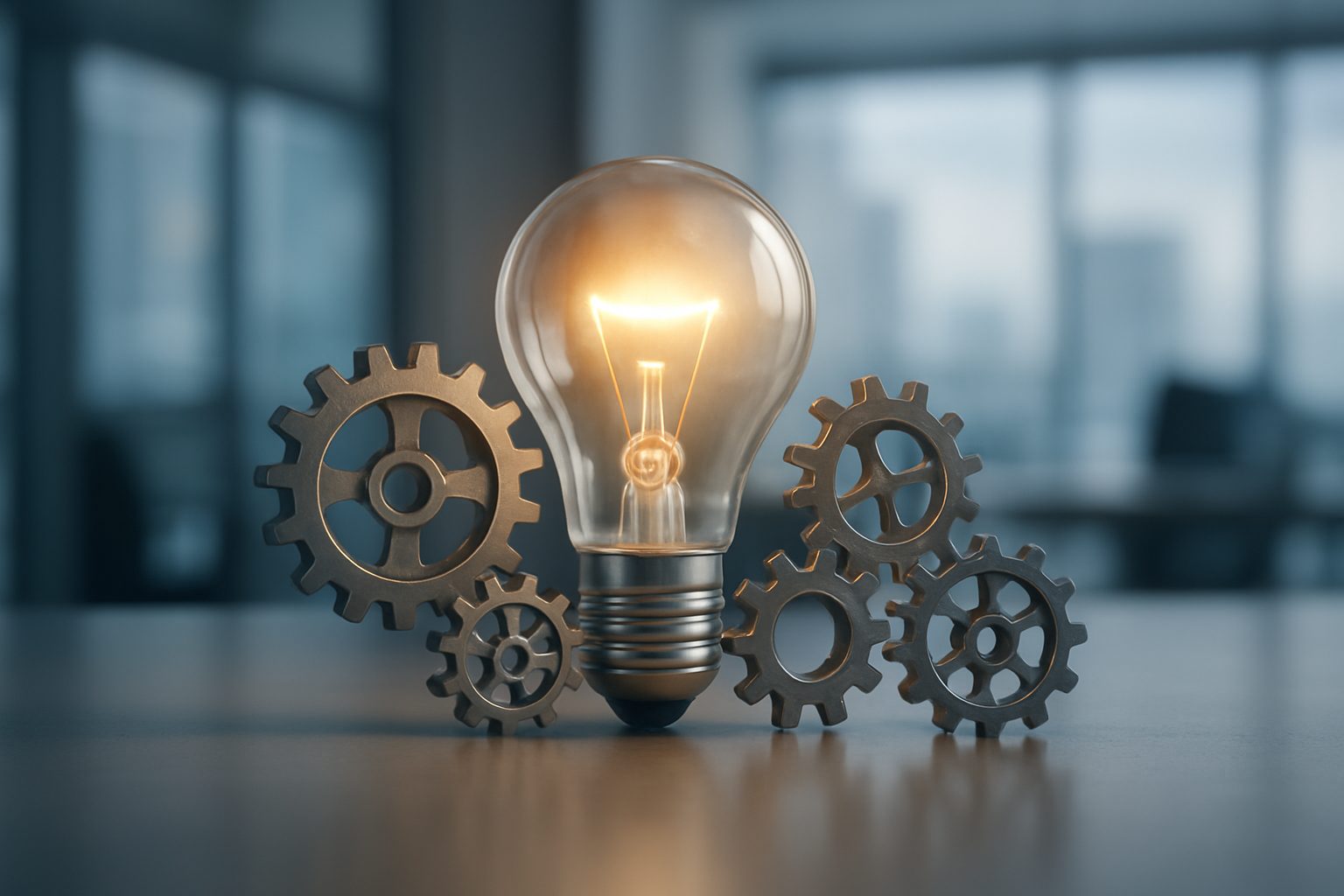 A lit light bulb surrounded by several metal gears on a table.