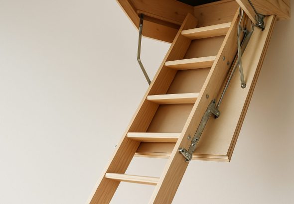 Wooden loft ladder extending from the ceiling, showing rungs and mechanism