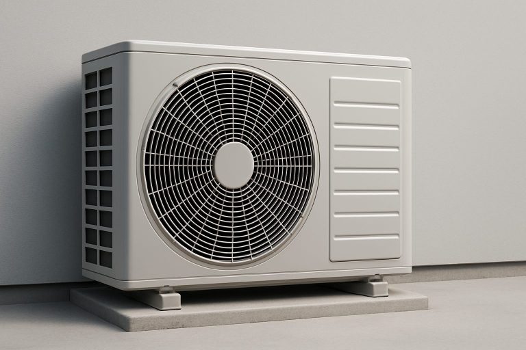 An air conditioning unit installed against a plain wall in a modern setting