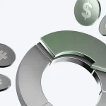 Abstract representation of currency coins, including a dollar sign and a circular metallic shape.