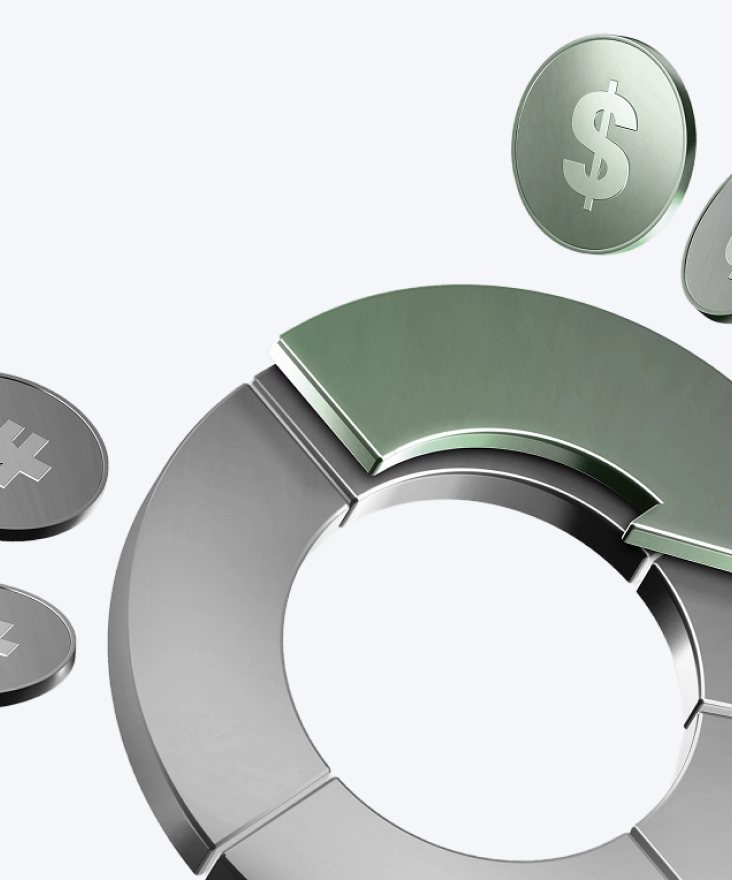 Abstract representation of currency coins, including a dollar sign and a circular metallic shape.
