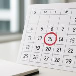 A calendar displaying the 15th of the month circled in red, with a notebook beside it.