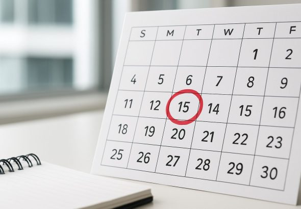 A calendar displaying the 15th of the month circled in red, with a notebook beside it.
