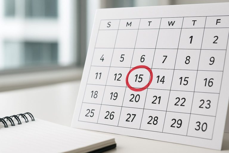 A calendar displaying the 15th of the month circled in red, with a notebook beside it.