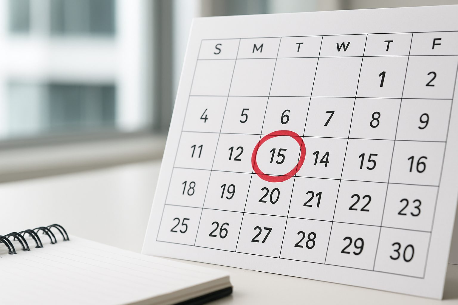A calendar displaying the 15th of the month circled in red, with a notebook beside it.