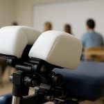 Close-up of a chiropractic adjustment table in a classroom setting with blurry people in the background