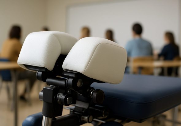 Close-up of a chiropractic adjustment table in a classroom setting with blurry people in the background