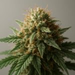A close-up of a cannabis bud with green leaves and orange hairs against a neutral background