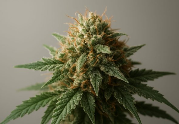 A close-up of a cannabis bud with green leaves and orange hairs against a neutral background