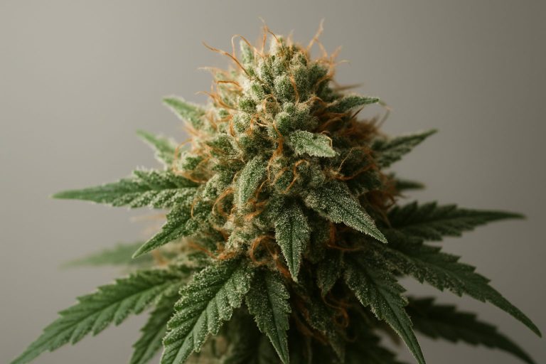 A close-up of a cannabis bud with green leaves and orange hairs against a neutral background