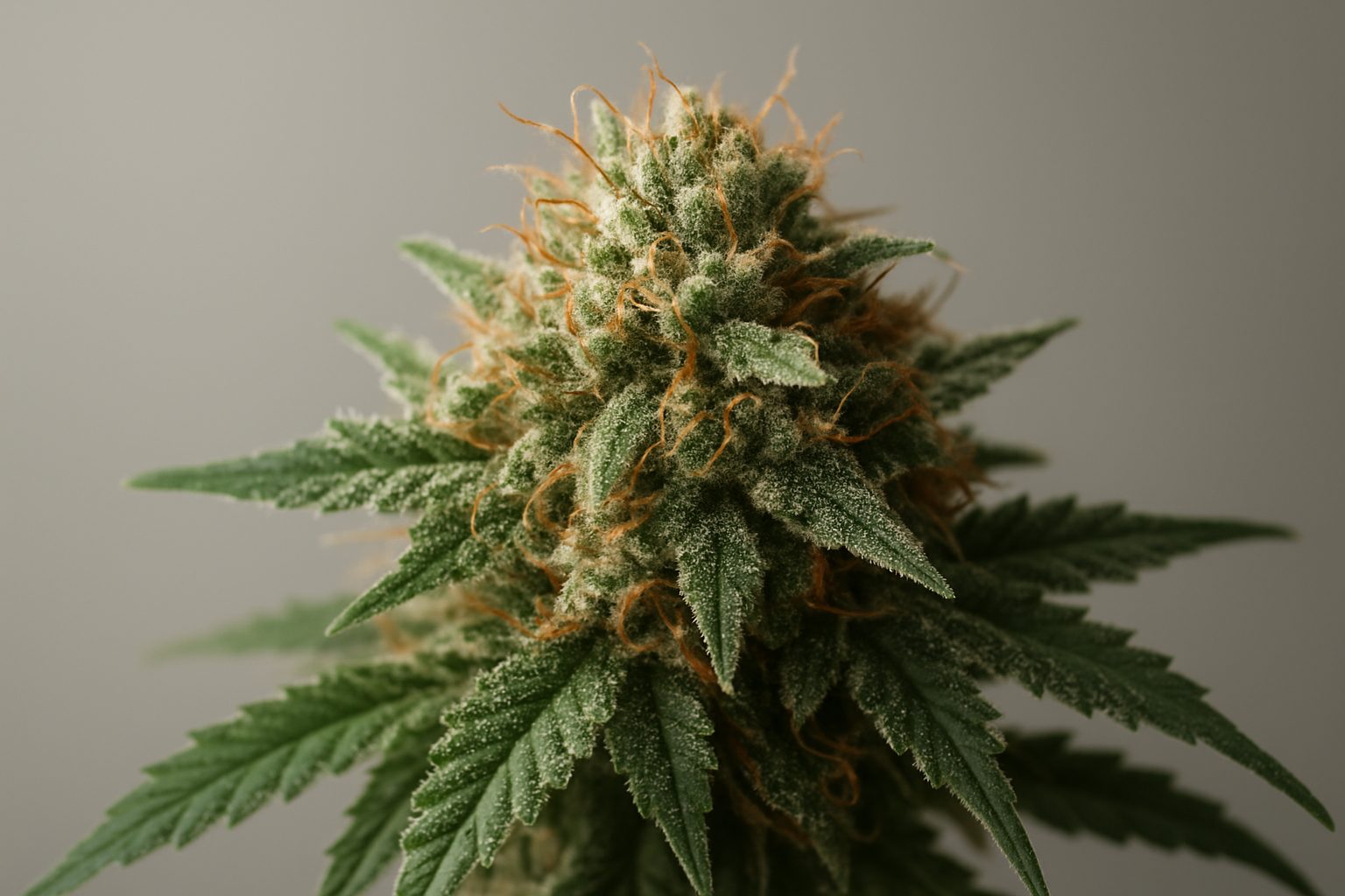 A close-up of a cannabis bud with green leaves and orange hairs against a neutral background